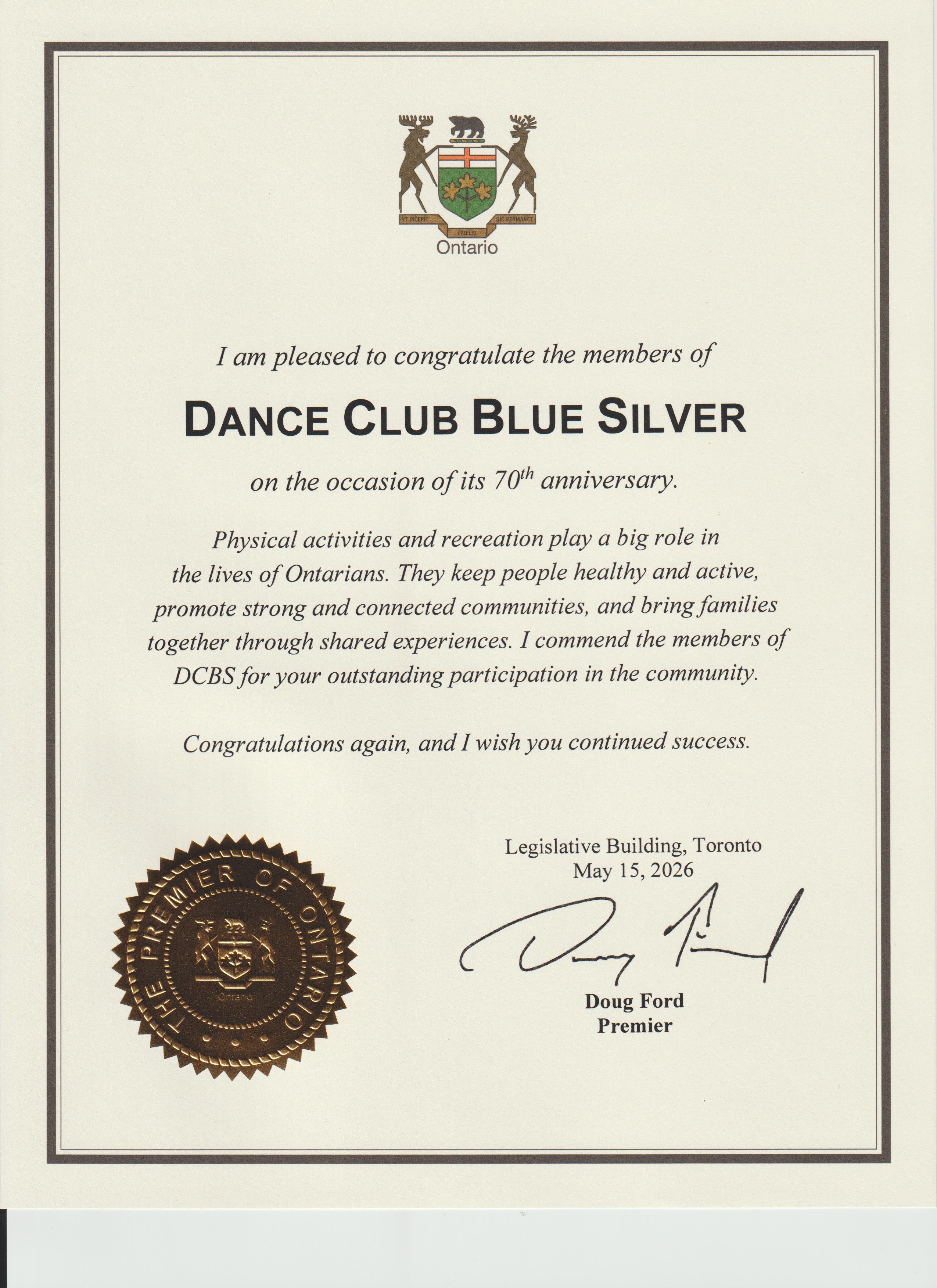 70th anniversary congratulation letter Ontario Premier