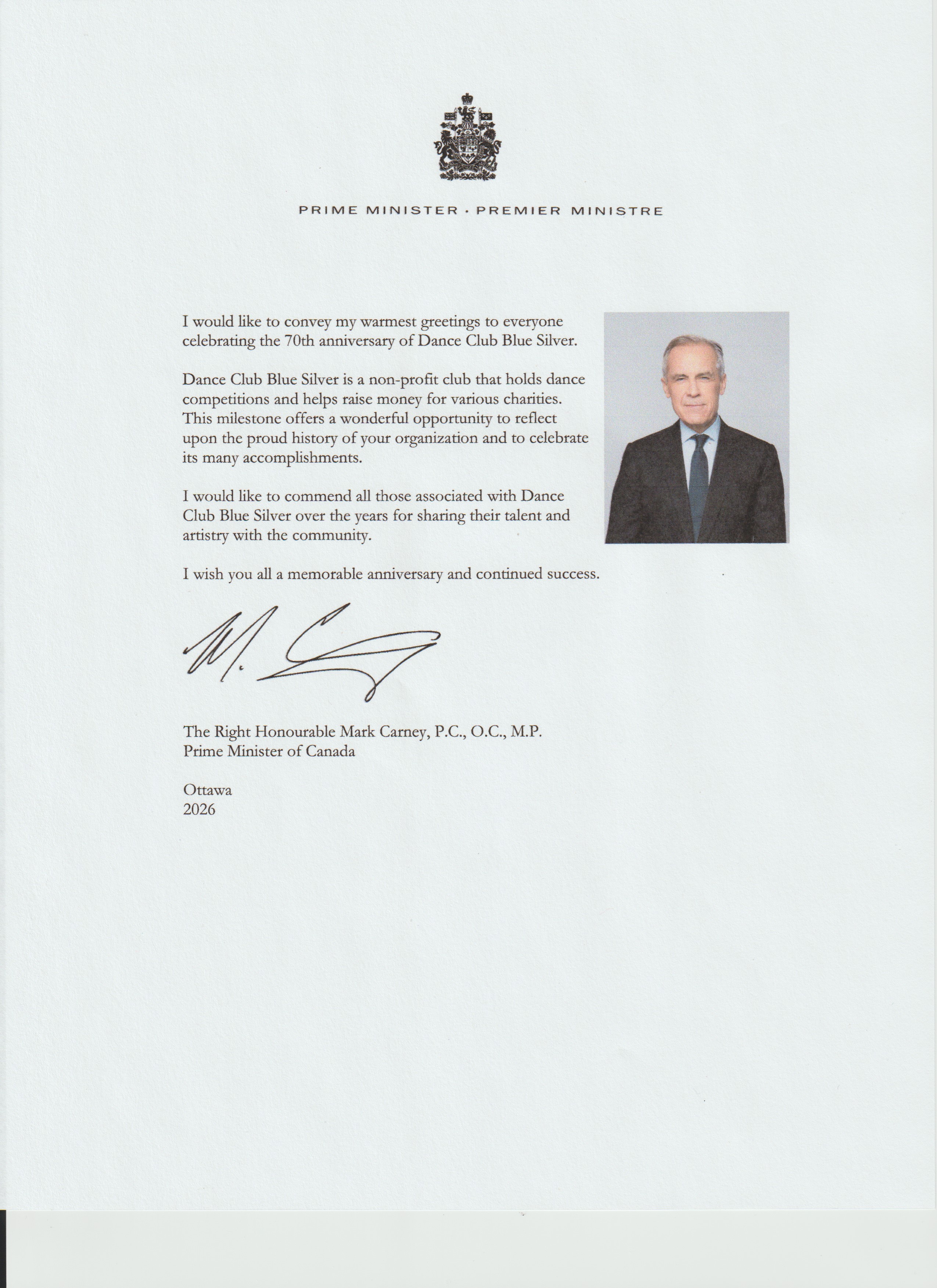 70th anniversary congratulation letter Prime Minister